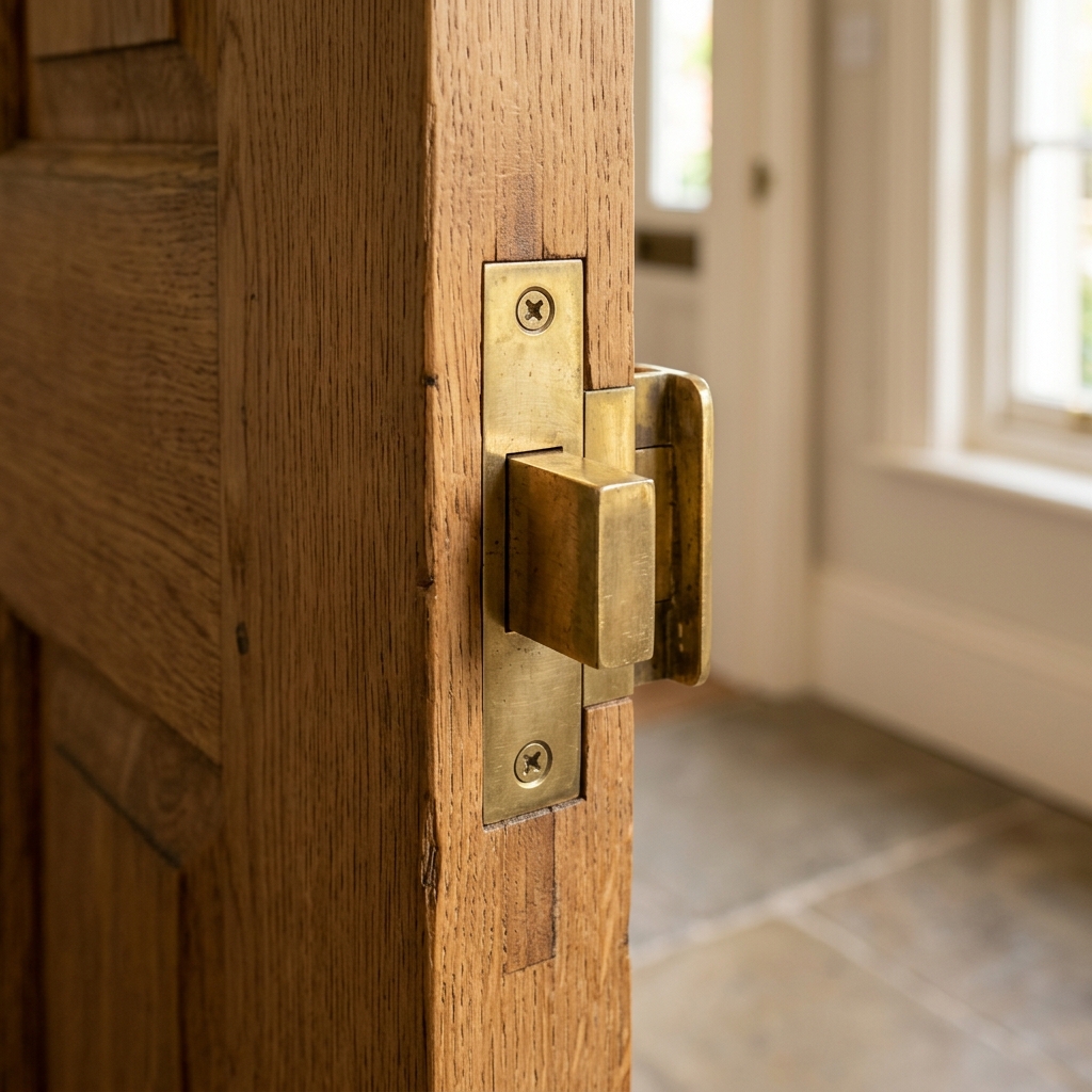British Standard 5-lever mortice deadlock with brass faceplate cleanly installed on a solid oak door edge