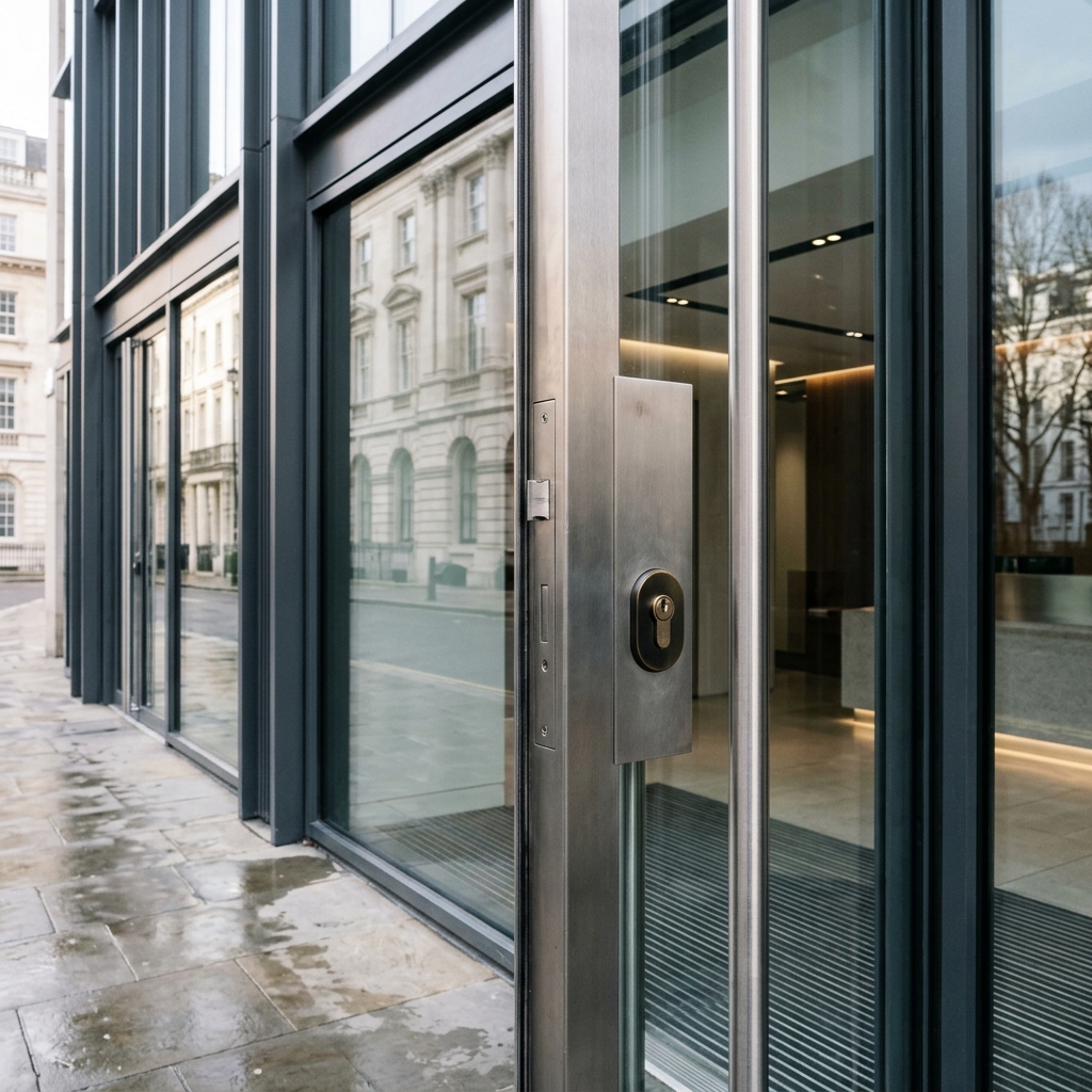 Modern commercial glass entrance door with high-security brushed steel mortice lock in London