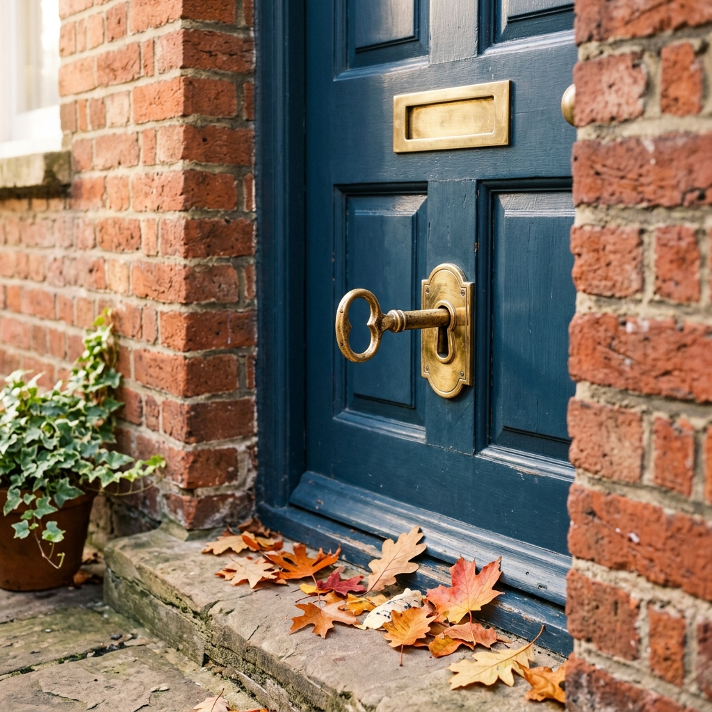 Brass door key resting in a clean residential front door lock cylinder in morning daylight